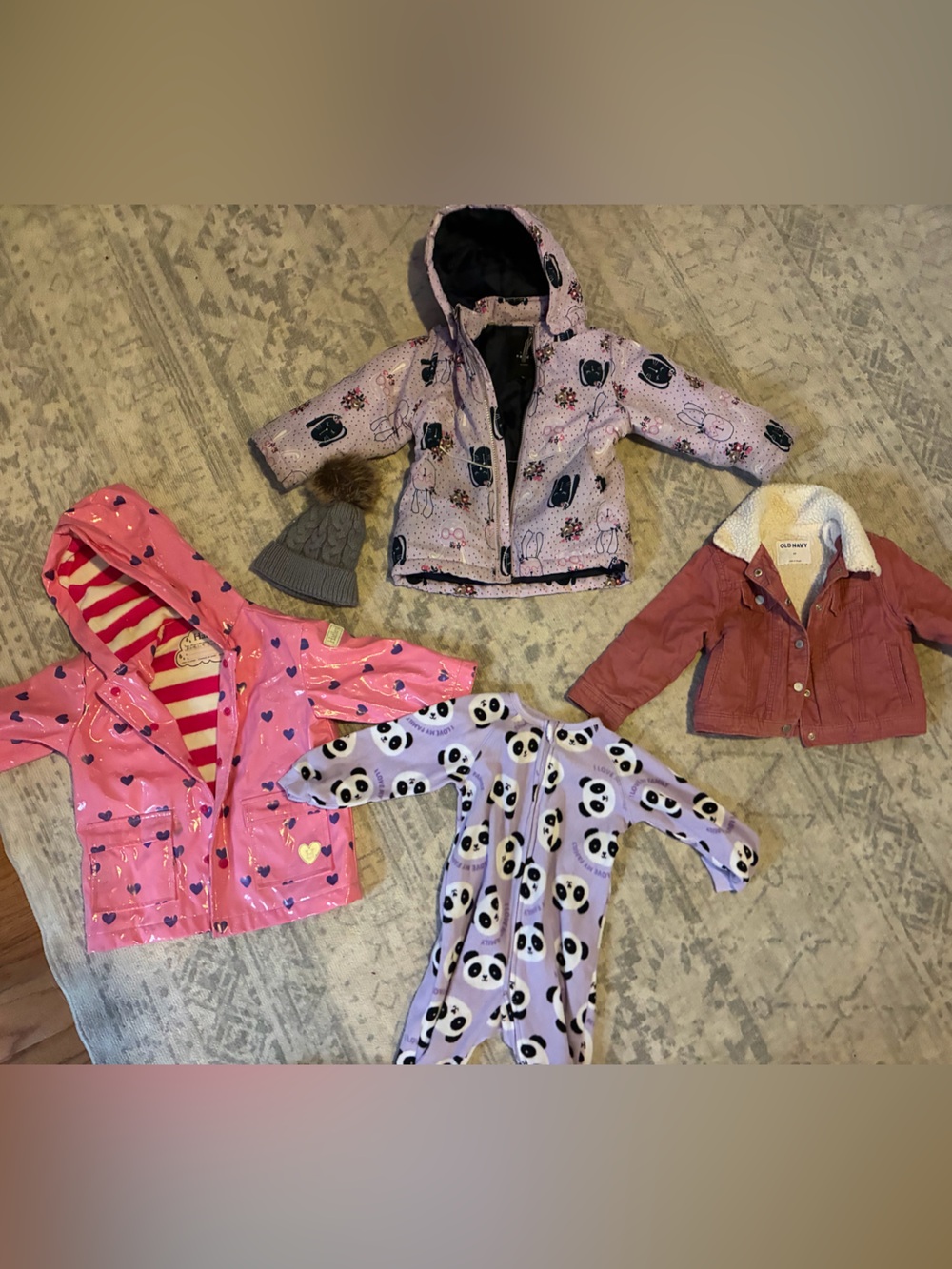 Assorted Girls Outerwear Bundle — Pink, Lavender, Mauve Jackets + Panda Sleeper